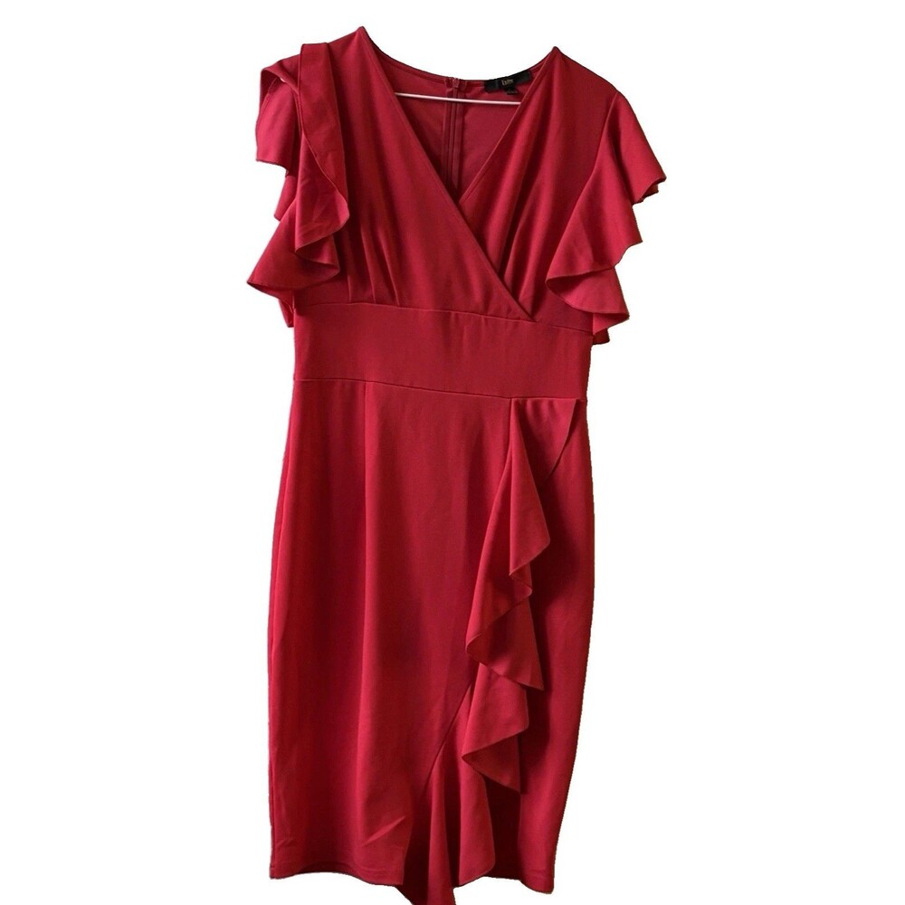 Knitter Red Solid V-Neck Sheath Dress Ruffle Flutter Short Sleeve Knee L